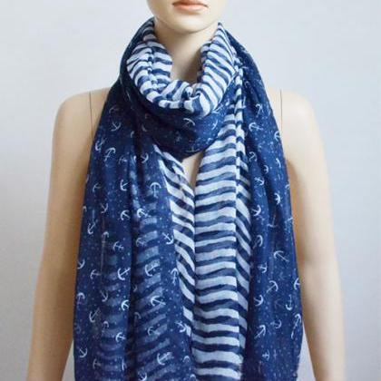 Navy Blue Cotton Stripe Anchors Scarf Sheer..