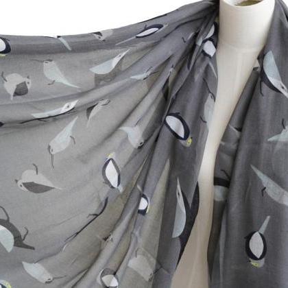 Unisex Grey Birds Scarf Cotton Shawl Oversize Wrap..