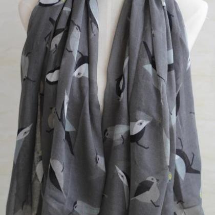 Unisex Grey Birds Scarf Cotton Shawl Oversize Wrap..
