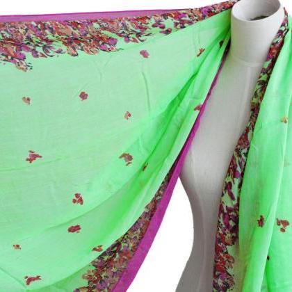 Bright Green Floral Scarf Butterfly Cotton Shawl..