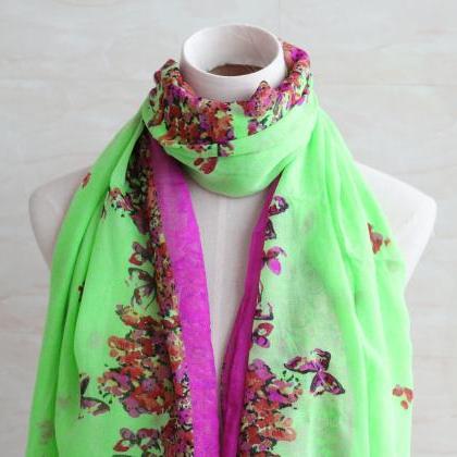 Bright Green Floral Scarf Butterfly Cotton Shawl..