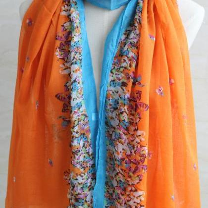 Bright Orange Floral Scarf Butterfly Cotton Shawl..