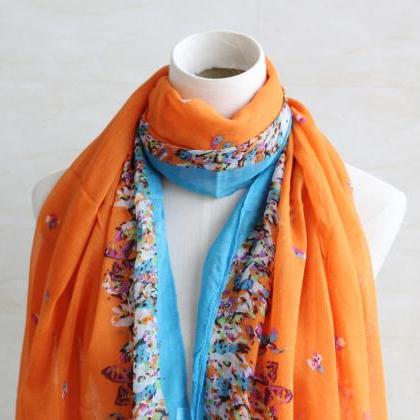 Bright Orange Floral Scarf Butterfly Cotton Shawl..