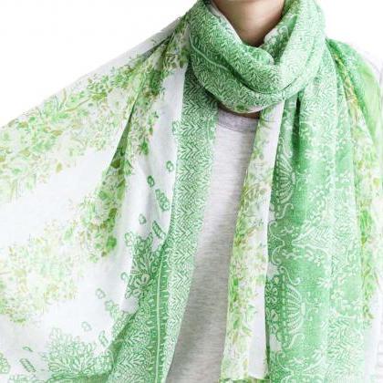 Bright Green Sheer Cotton Floral Scarf Shawl Wrap..