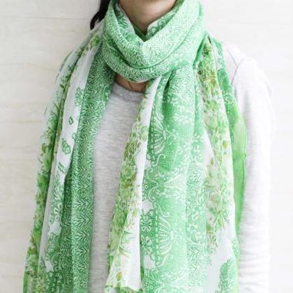 Bright Green Sheer Cotton Floral Scarf Shawl Wrap..