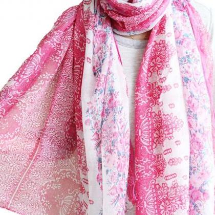 Rose Pink Sheer Cotton Floral Scarf Shawl Wrap..
