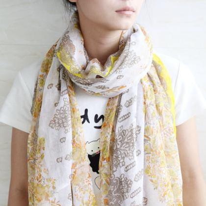 Yellow Sheer Cotton Floral Scarf Shawl Wrap Spring..