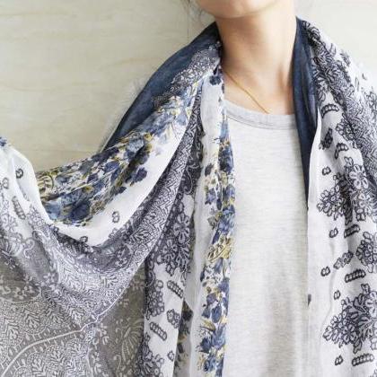 Navy Blue Sheer Cotton Floral Scarf Shawl Wrap..