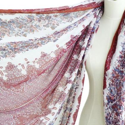 Maroon Red Sheer Cotton Floral Scarf Shawl Wrap..