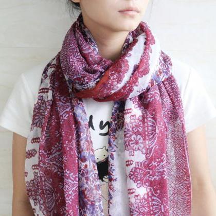 Maroon Red Sheer Cotton Floral Scarf Shawl Wrap..