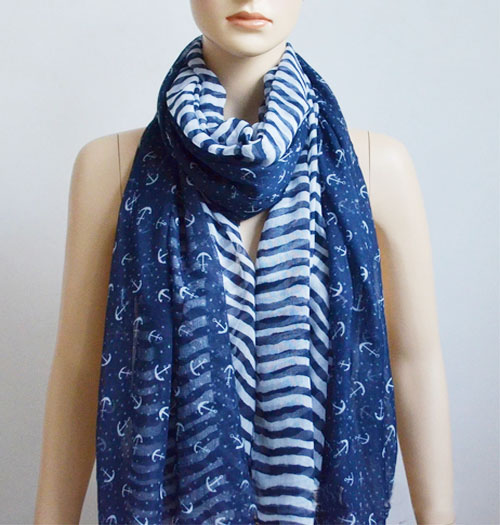 Navy Blue Cotton Stripe Anchors Scarf Sheer Oversize Shawl