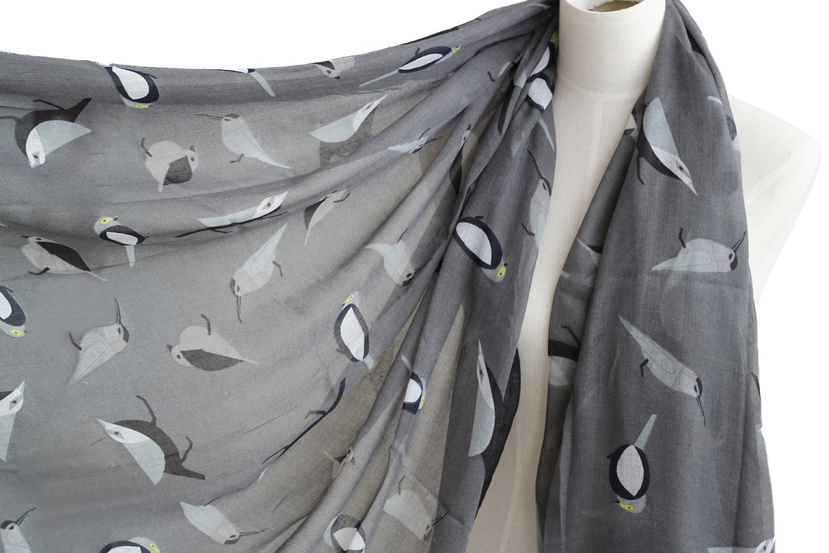 Unisex Grey Birds Scarf Cotton Shawl Oversize Wrap Spring Summer Scarves