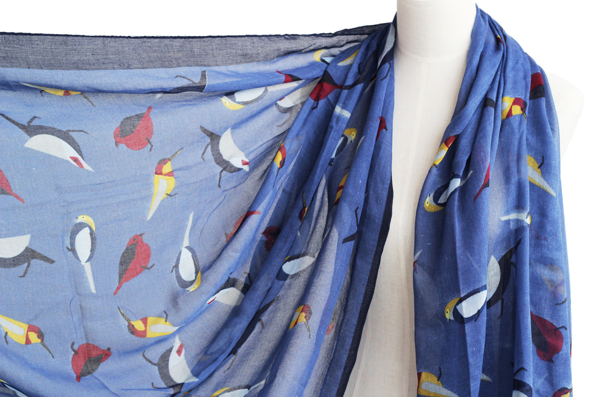 Unisex Navy Blue Birds Scarf Cotton Shawl Oversize Wrap Spring Summer Scarves