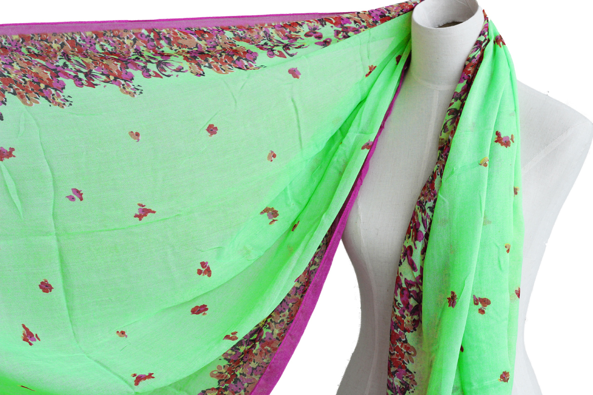 Bright Green Floral Scarf Butterfly Cotton Shawl Oversize Wrap Spring Summer Scarves