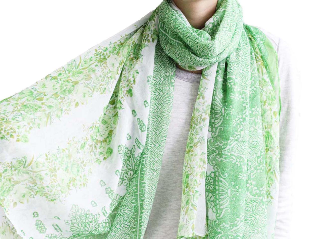 Bright Green Sheer Cotton Floral Scarf Shawl Wrap Spring Summer Oversize Scarves