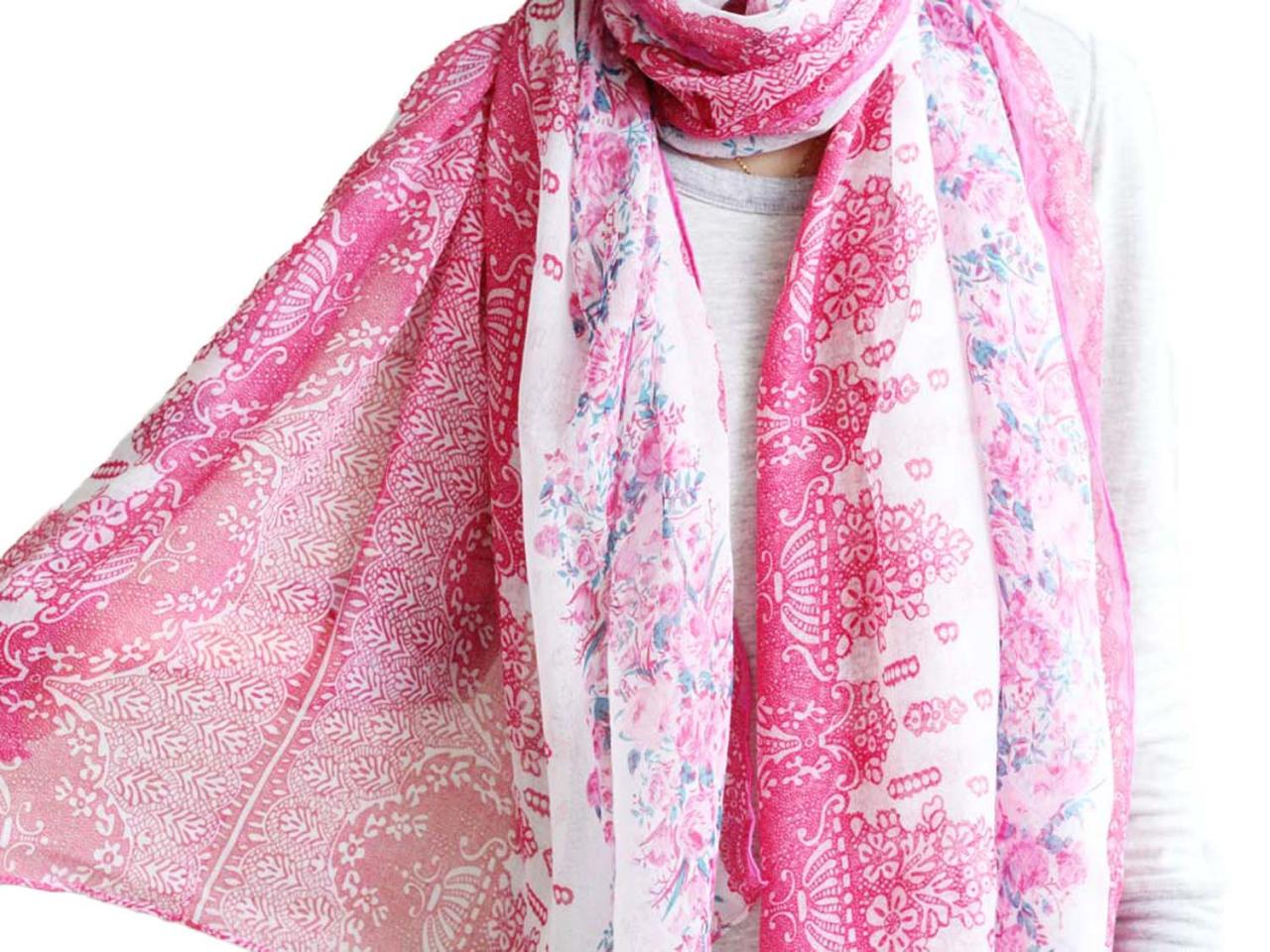 Rose Pink Sheer Cotton Floral Scarf Shawl Wrap Spring Summer Oversize Scarves