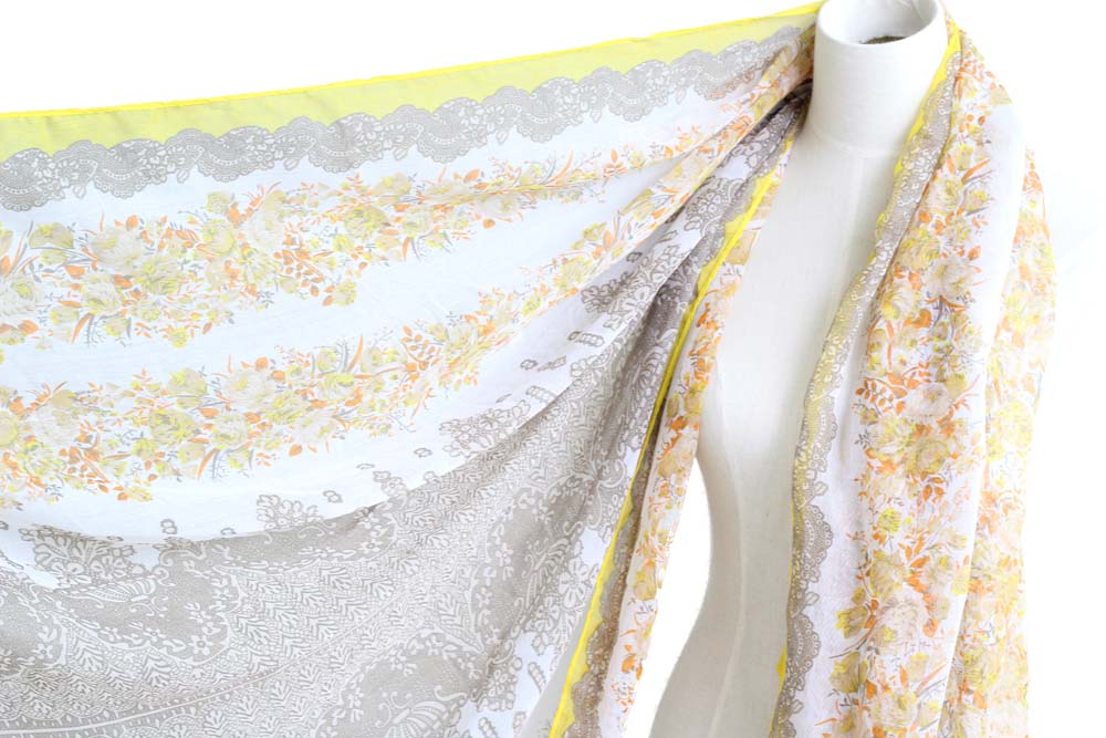 Yellow Sheer Cotton Floral Scarf Shawl Wrap Spring Summer Oversize Scarves